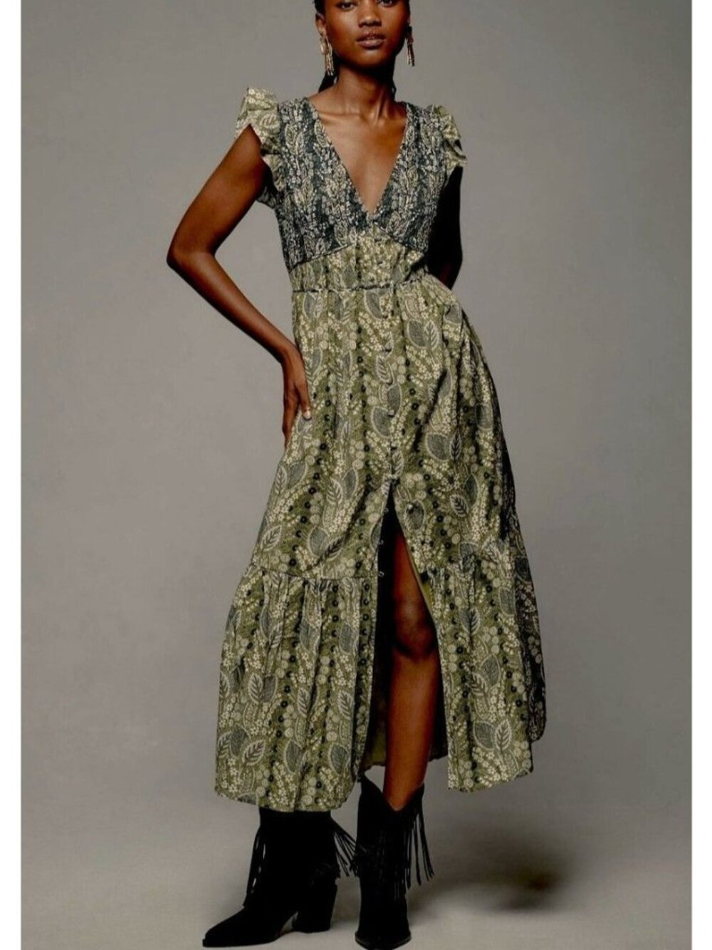 Anthropologie Womens Size S Peregrine Midi Dress Green Blue Floral Boho Cottage